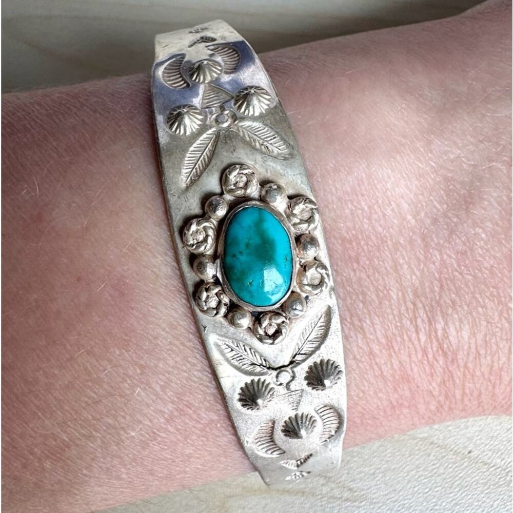 Vintage Modern Taxco Silver & Turquoise Cuff Bracelet